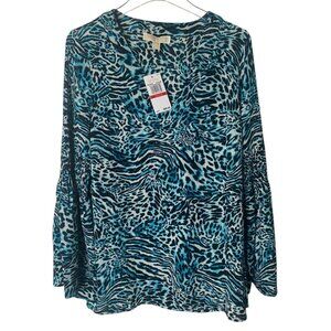 Michael Kors blouse bell sleeves size XS black blue long sleeve V Neck tunic NWT